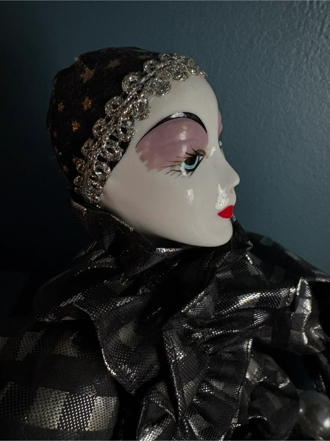Vintage Porcelain Harlequin Doll with Black and Silver Outfit - photo 2