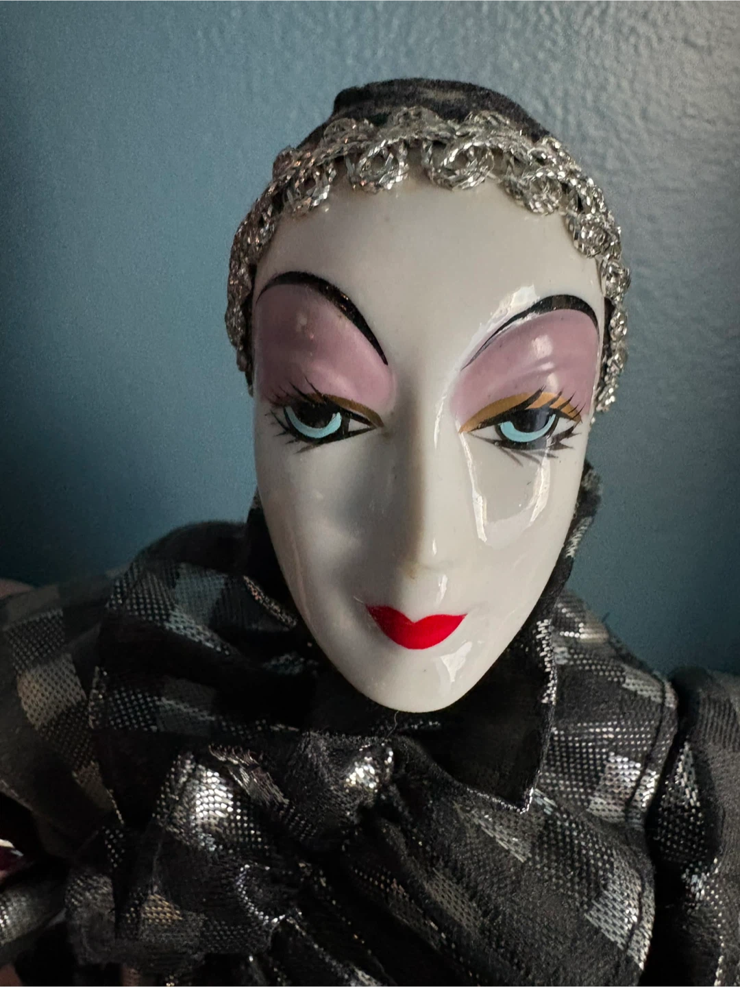 Vintage Porcelain Harlequin Doll with Black and Silver Outfit - photo 3
