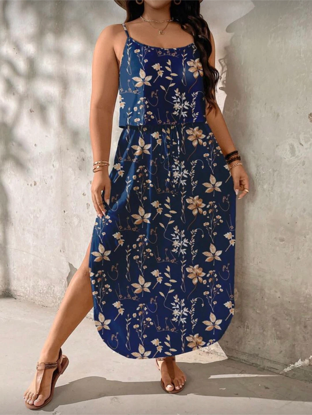 Blue Floral Maxi Dress with Slits