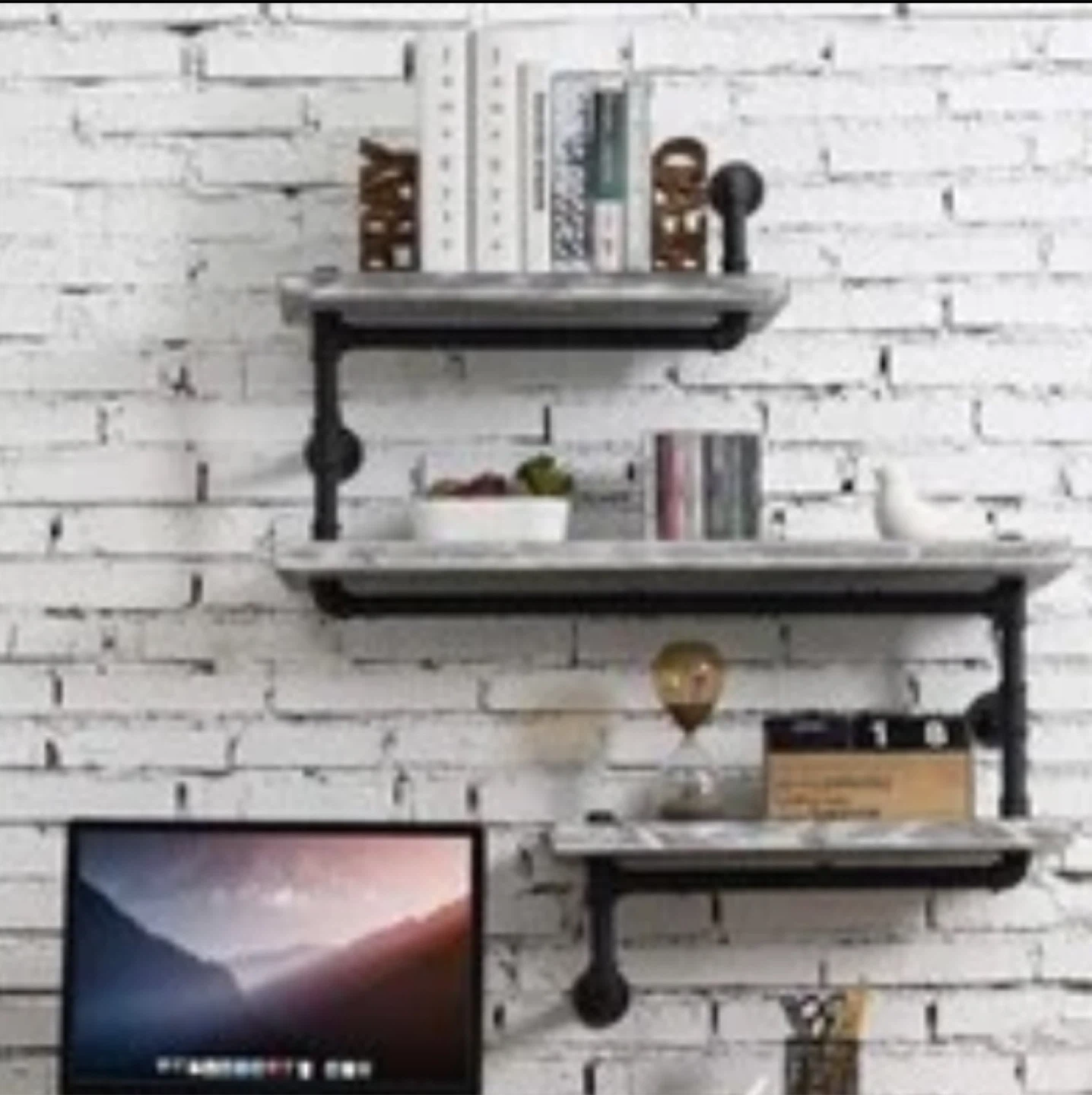 NEW-33.5 Inch Wall-Mounted Industrial Pipe Wood Shelves - photo 3