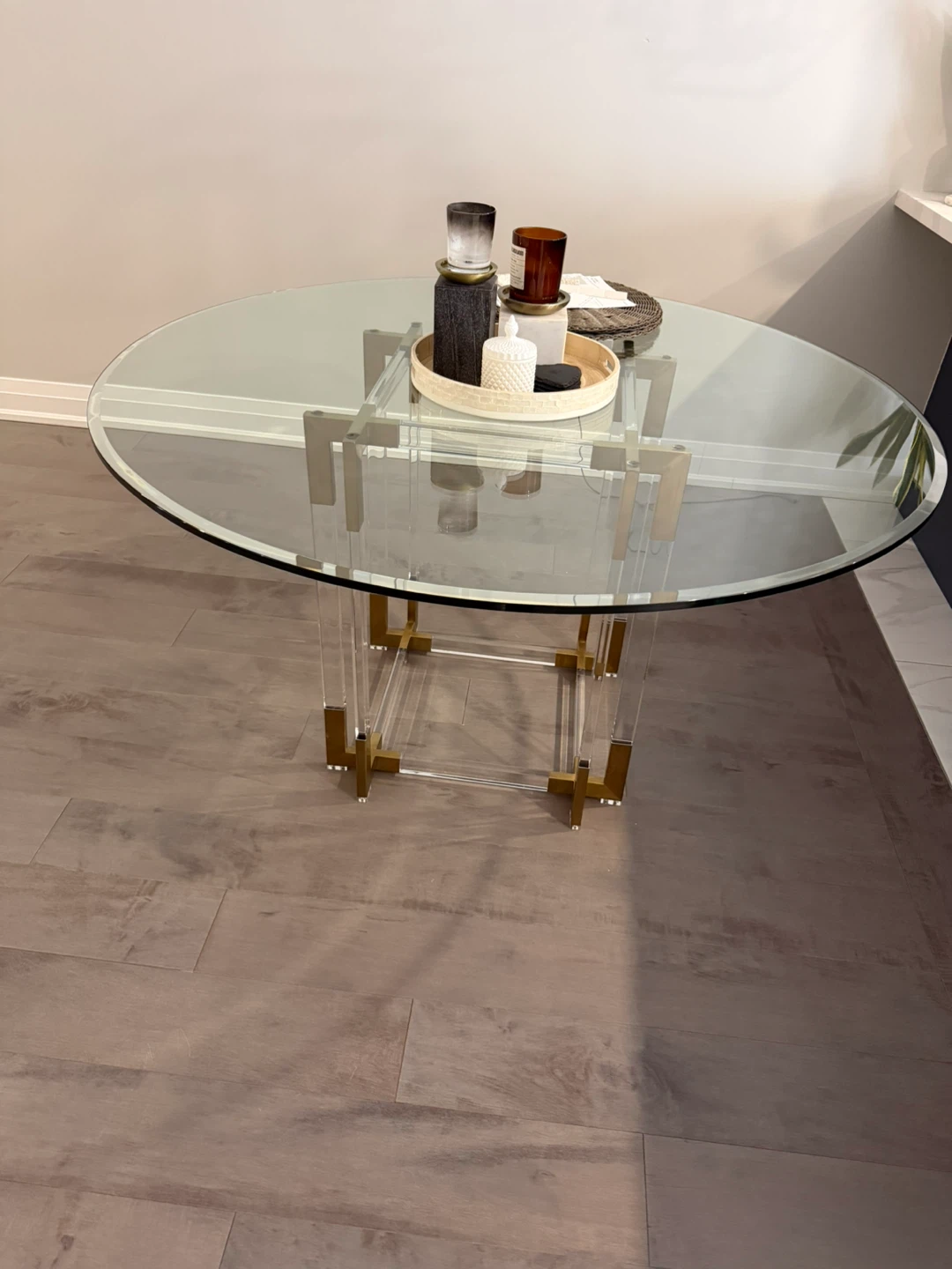 Round Glass Dining Table with Acrylic and Gold Base - photo 2