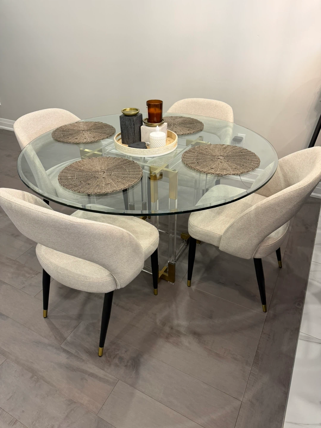 Round Glass Dining Table with Acrylic and Gold Base - photo 5