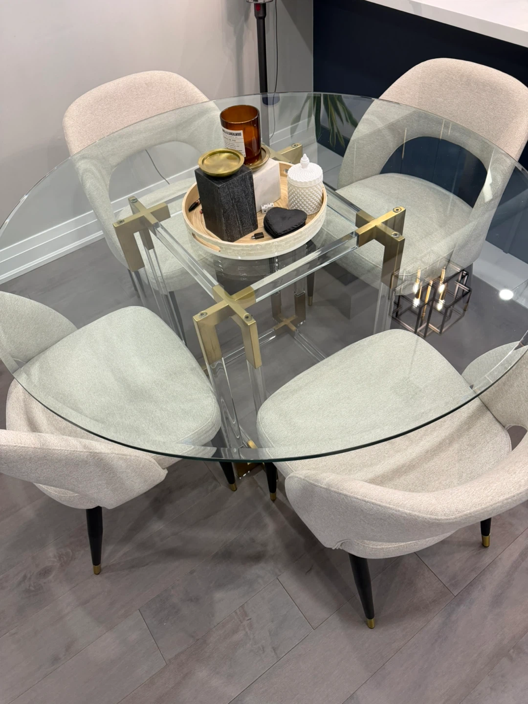 Round Glass Dining Table with Acrylic and Gold Base