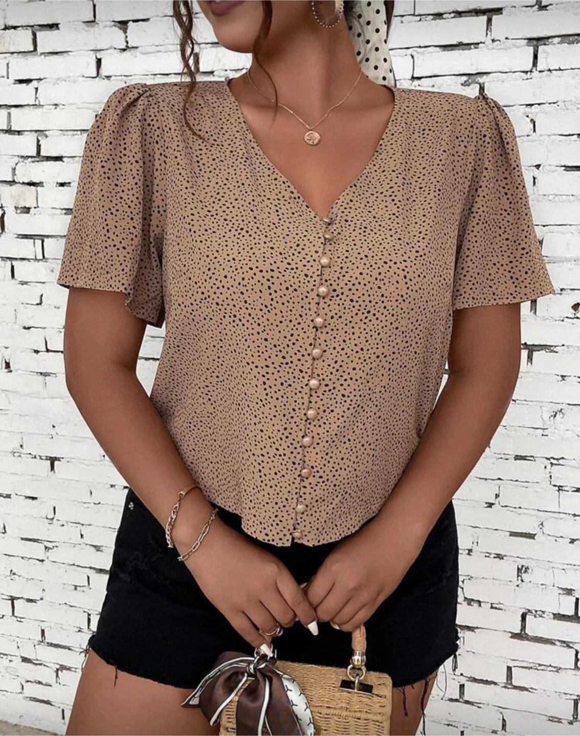Tan Dalmation Print Button-Up Top