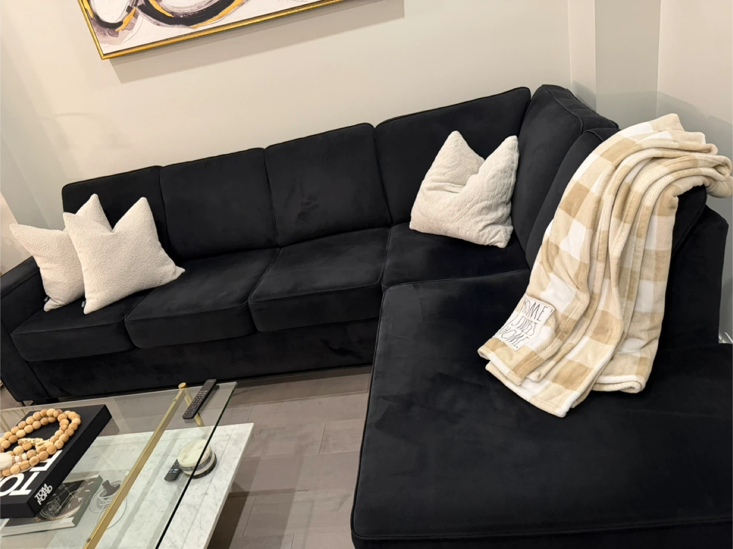 Black Velvet Sectional Sofa with Chaise - photo 4