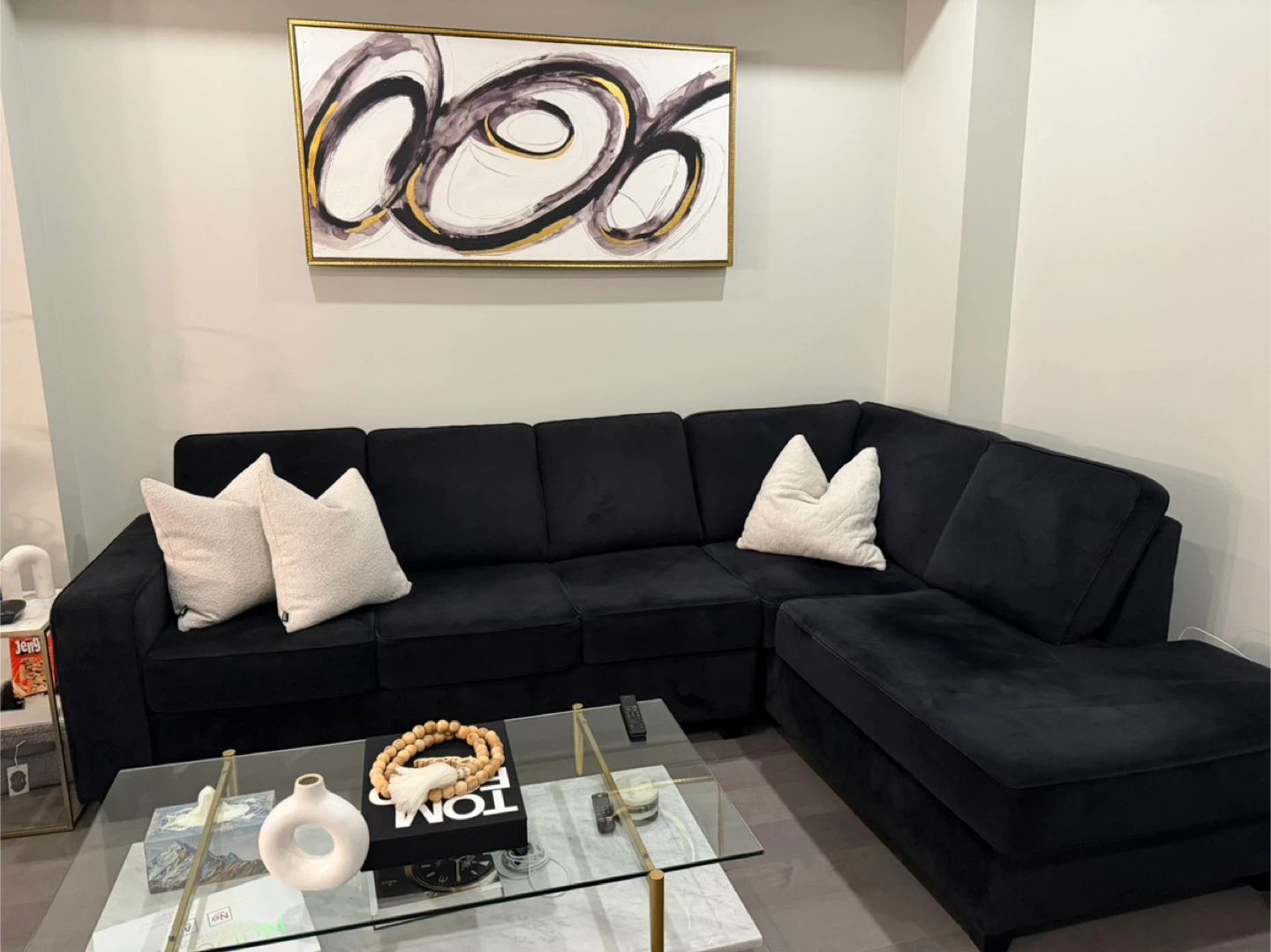Black Velvet Sectional Sofa with Chaise