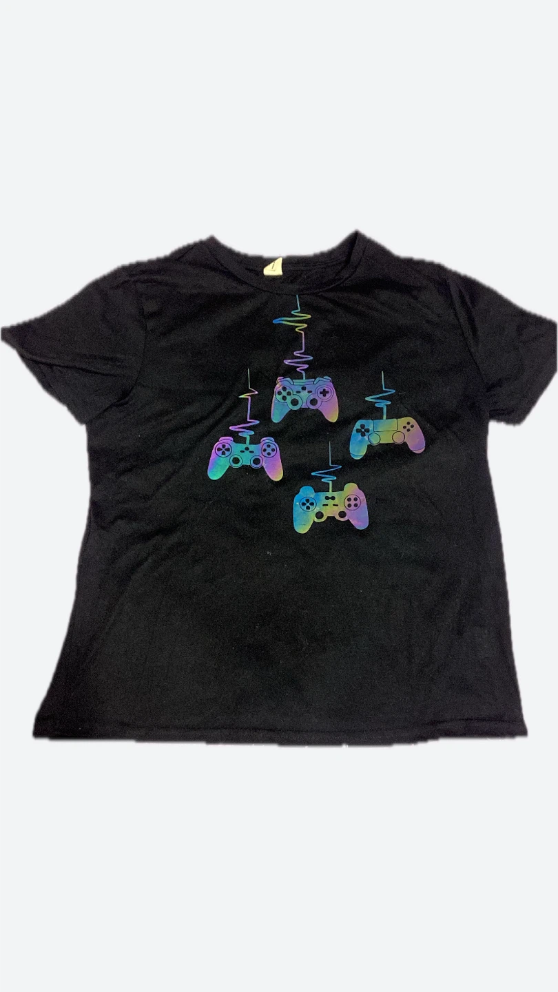 Black T-Shirt with Rainbow Game Controllers Graphic