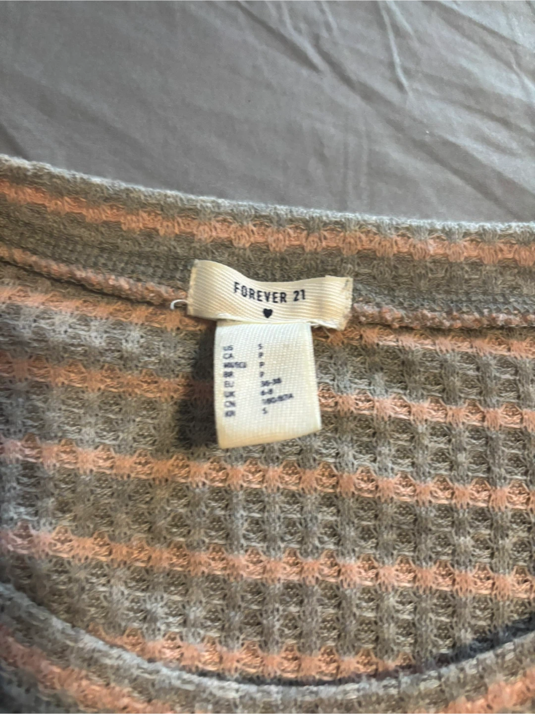 Waffle Knit Striped Long Sleeve Top - Grey/Pink - Size S - photo 2