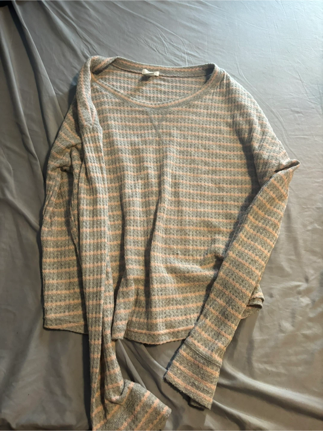 Waffle Knit Striped Long Sleeve Top - Grey/Pink - Size S