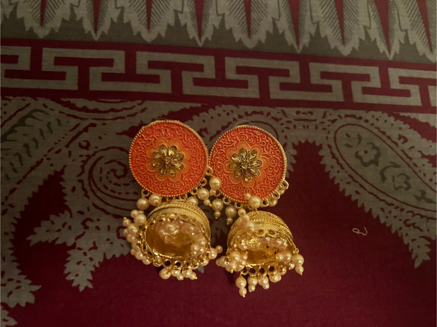 Orange and Gold Jhumka Earrings with Pearl Drops