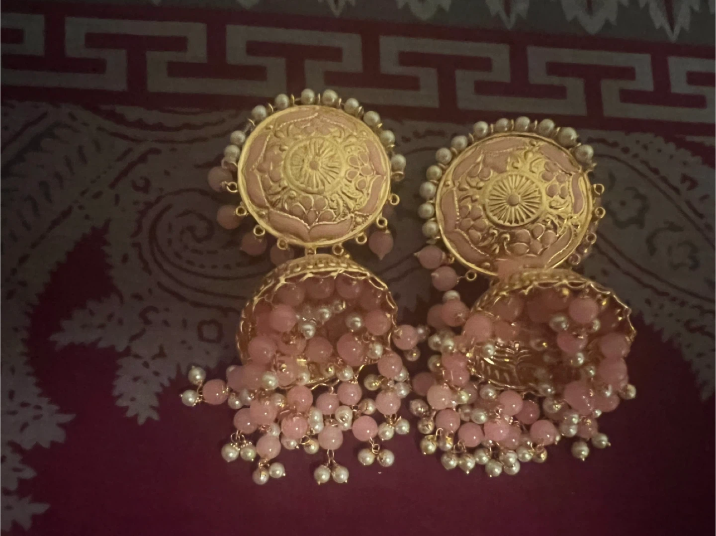 Pink Jhumka Earrings with Pearl Details