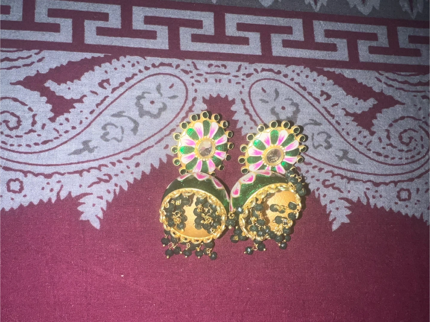 Green and Pink Jhumka Earrings