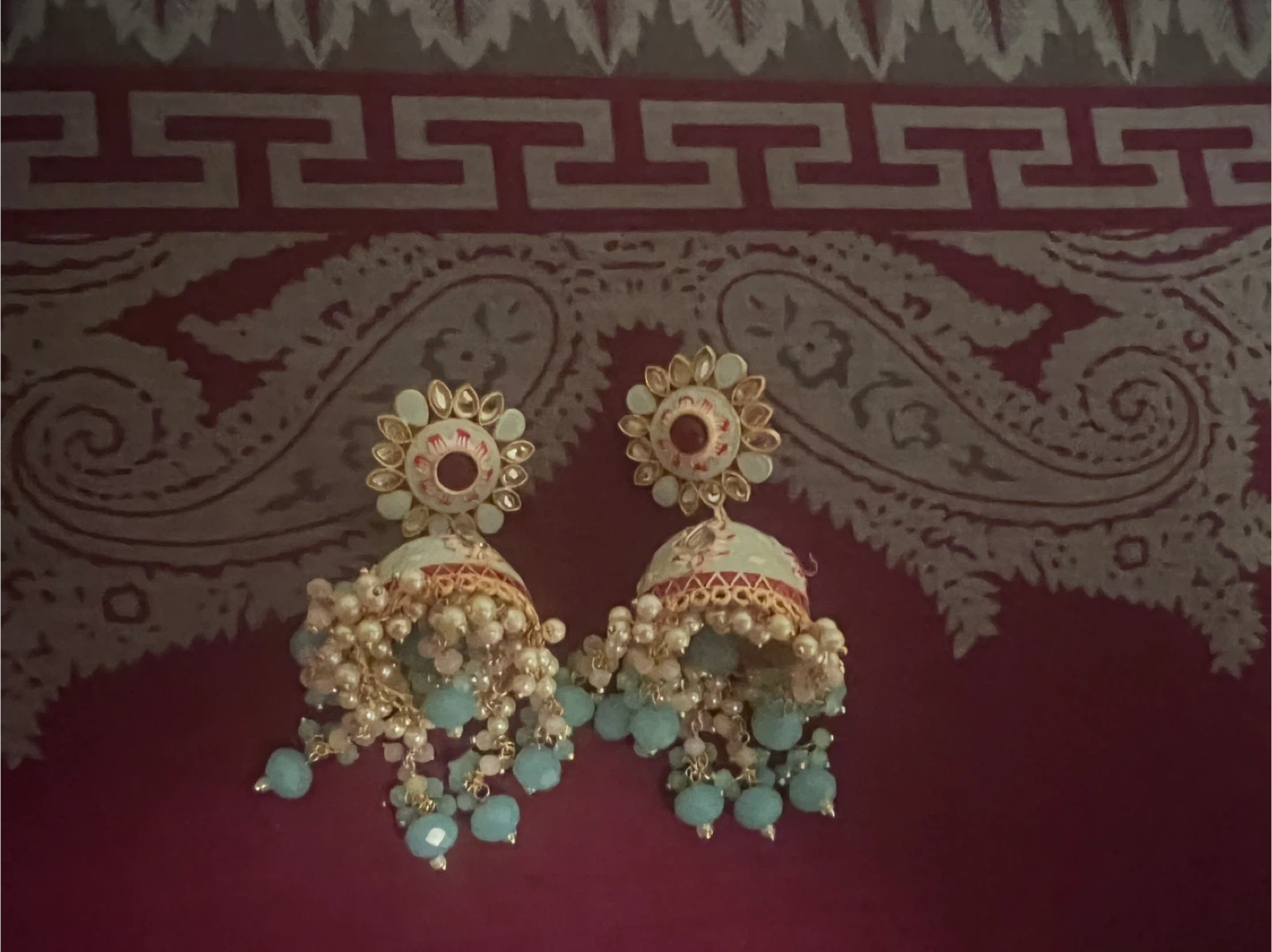 Jhumka Earrings with Blue Beads and Pearls