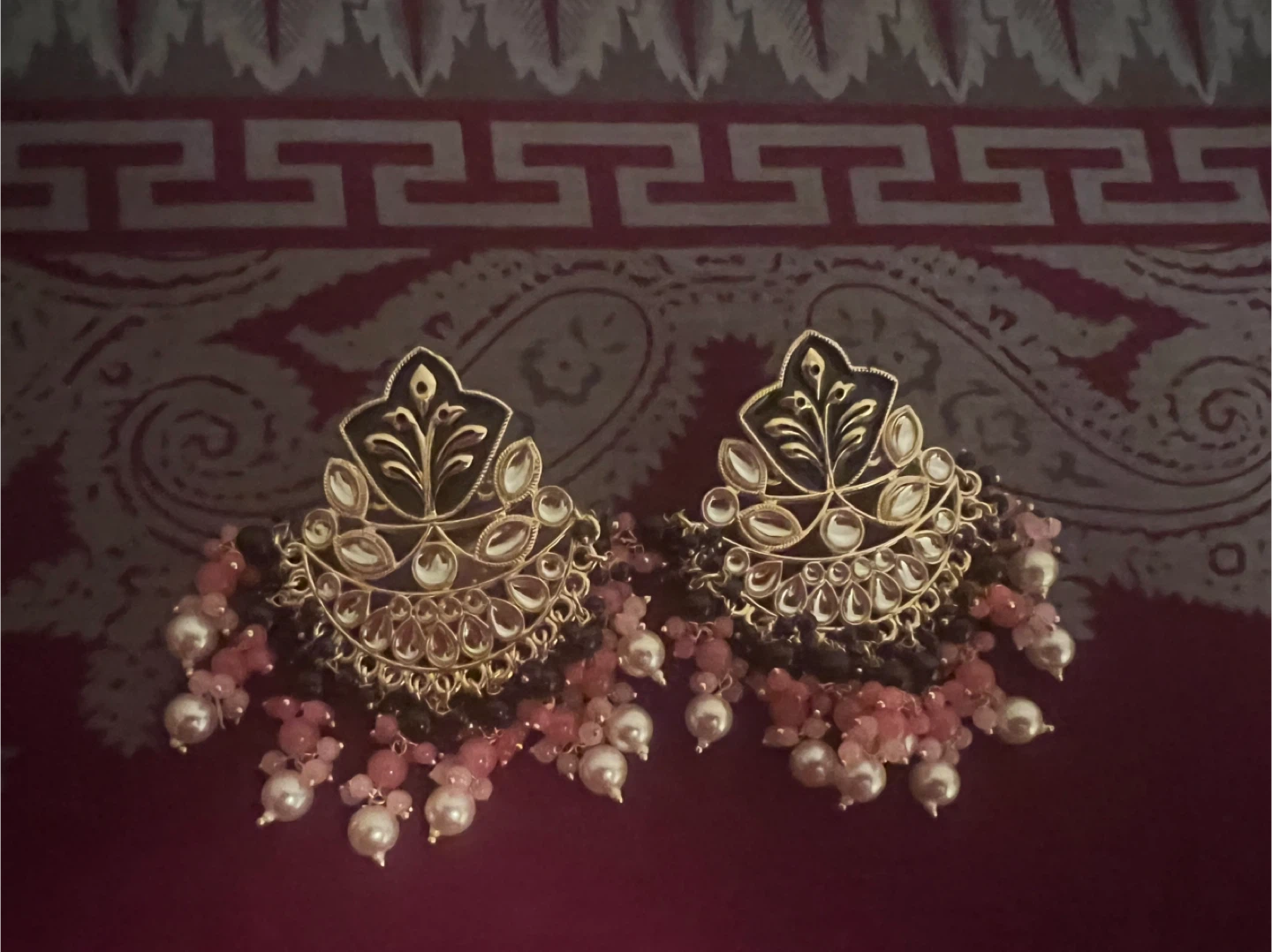 Gold Chandbali Earrings with Pink and Black Beads