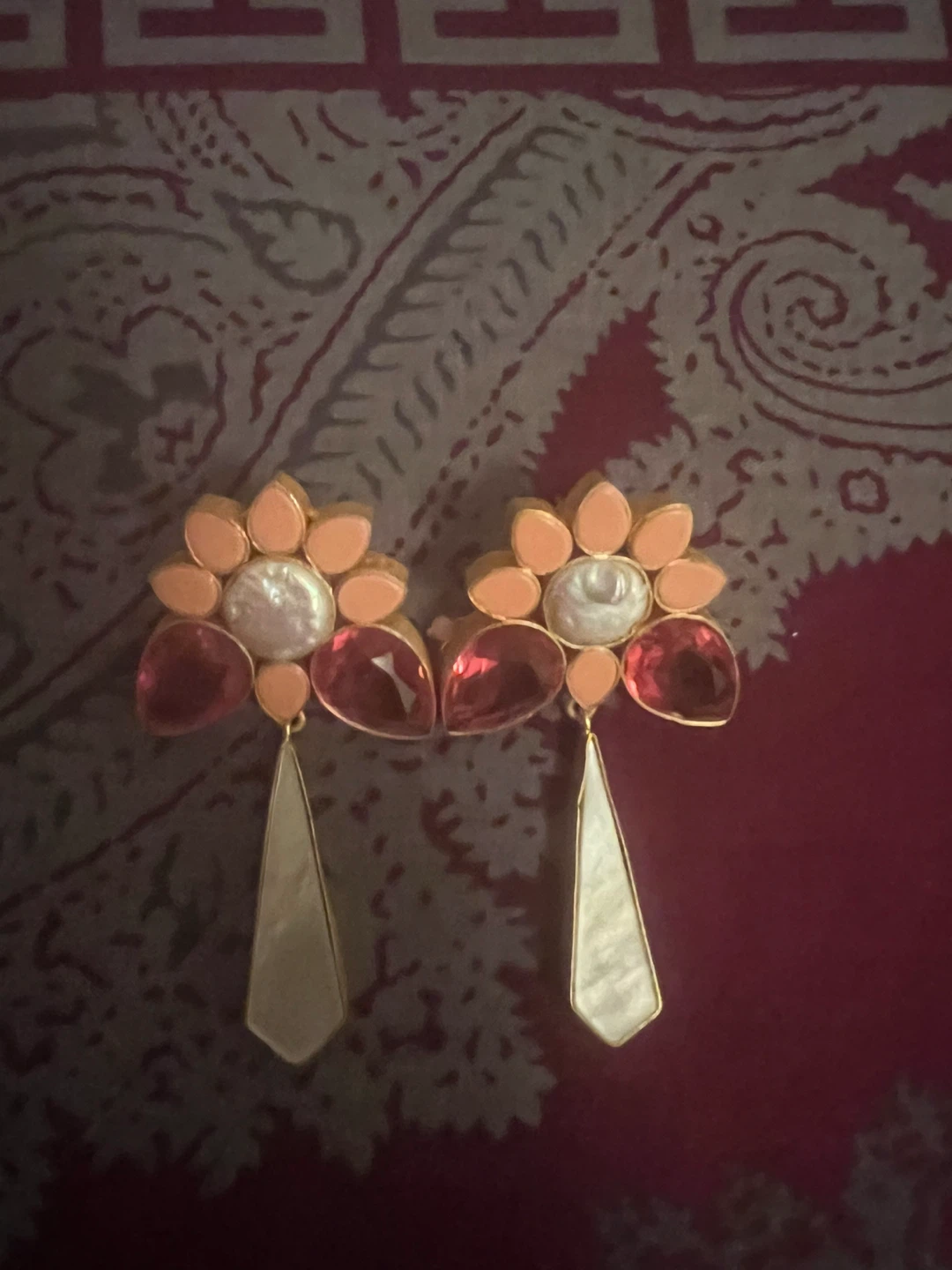 Gold-tone Floral Drop Earrings with Pink and White Stones