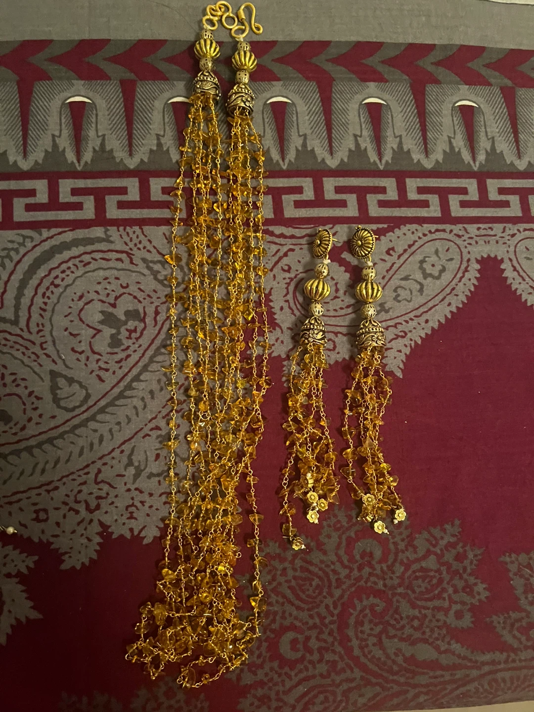 Gold Tone Beaded Tassel Necklace and Earrings Set