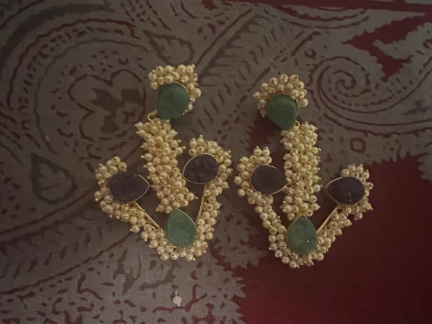 Gold Tone Earrings with Pearls and Green/Purple Stones