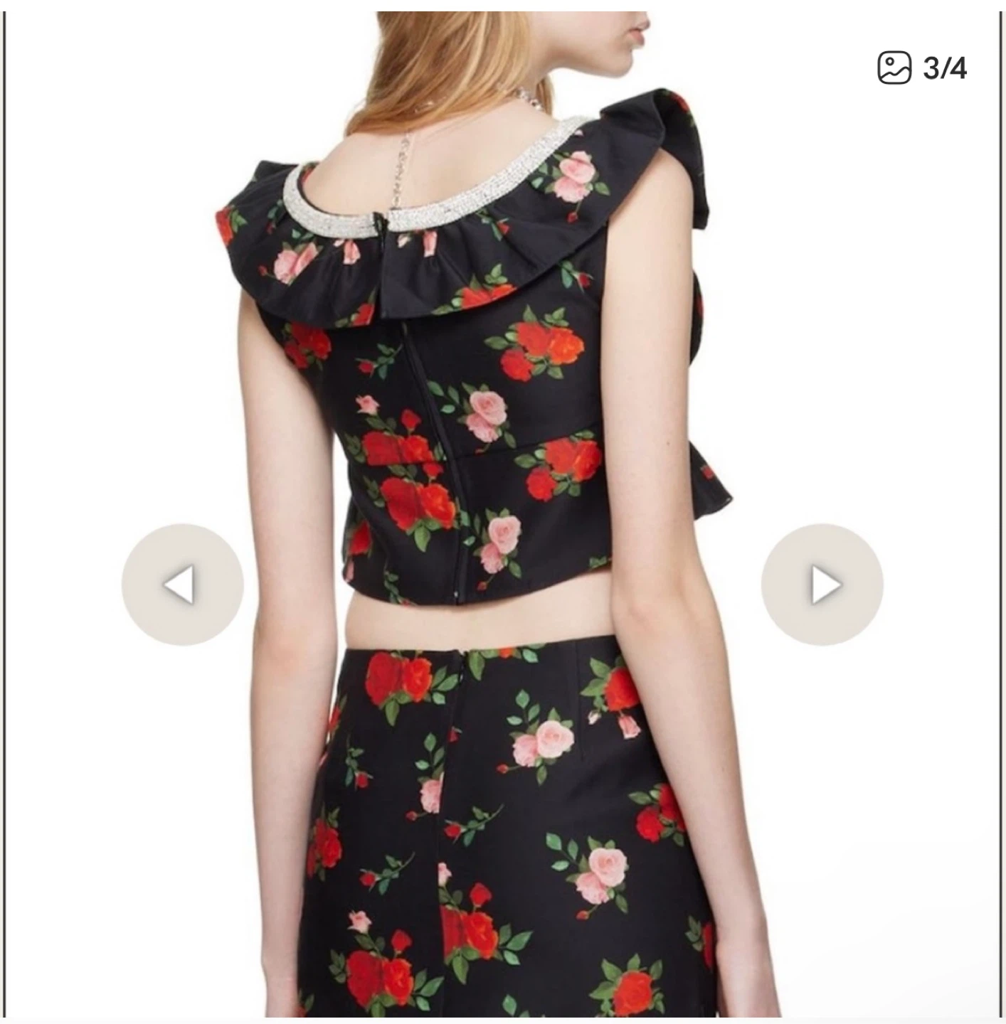 SHUSHU/TONG Rose Floral Black Ruffled Crystal-Embellished Top - photo 3