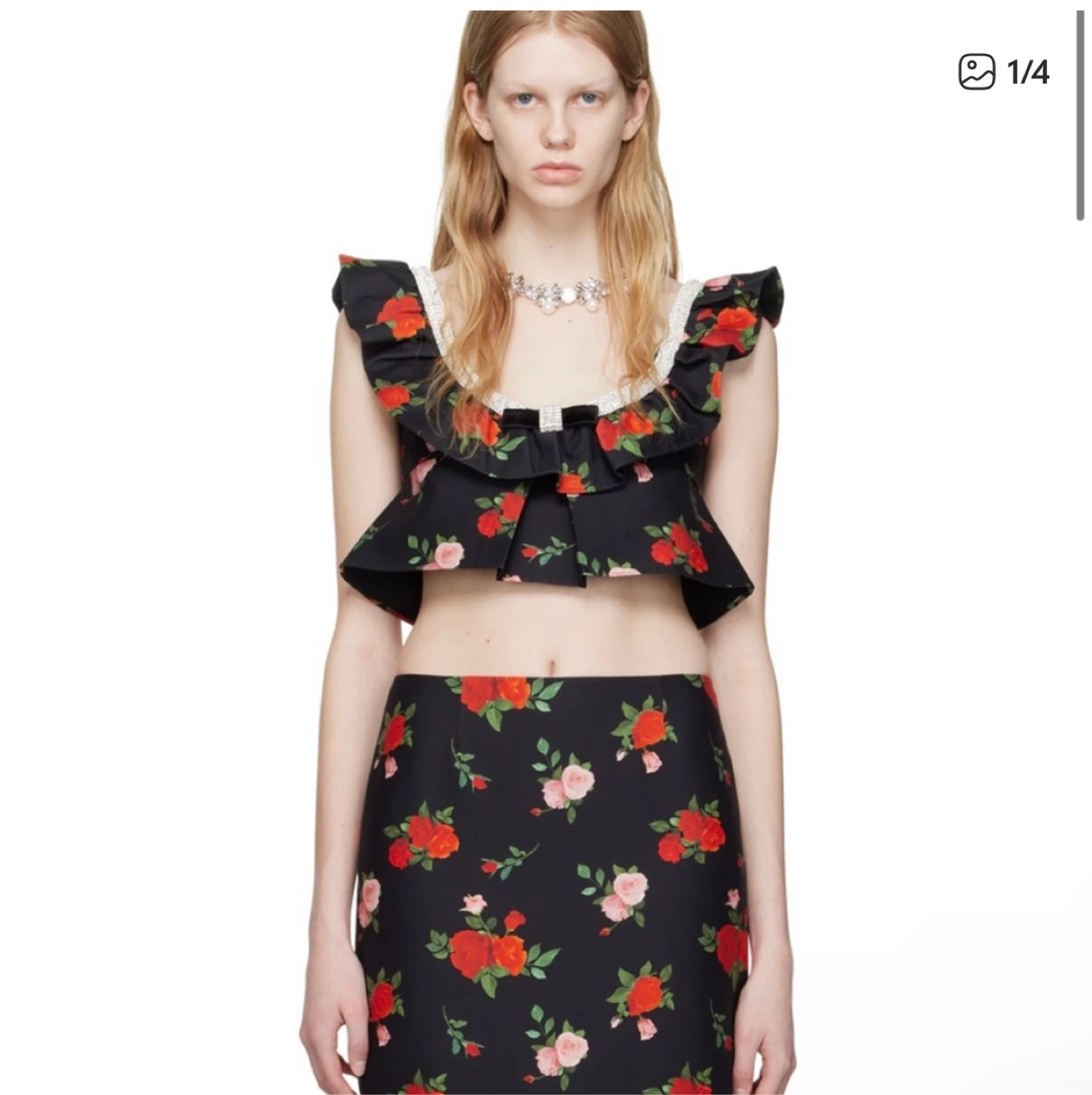 SHUSHU/TONG Rose Floral Black Ruffled Crystal-Embellished Top