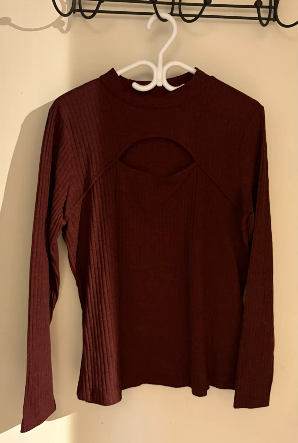 Burgundy Ribbed Cutout Mock Neck Long Sleeve Top
