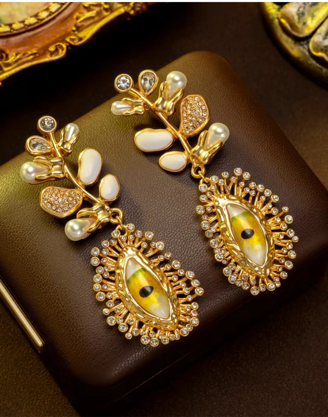 Schiaparelli Inspired Elegant Gold and Pearl Drop Eye Earrings