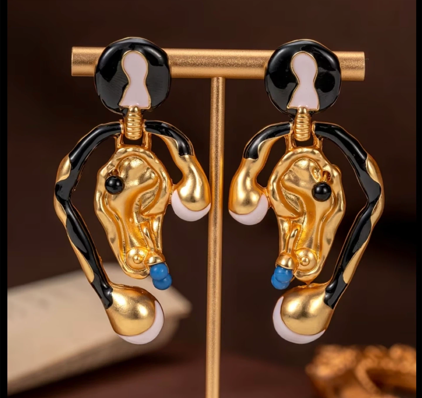 Schiaparelli Inspired Elegant Gold and Black Statement Earrings - photo 2