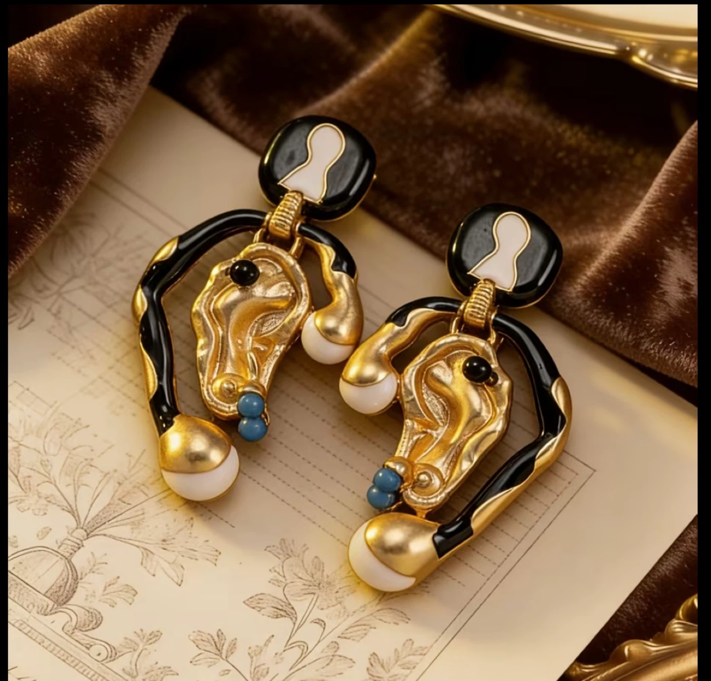 Schiaparelli Inspired Elegant Gold and Black Statement Earrings