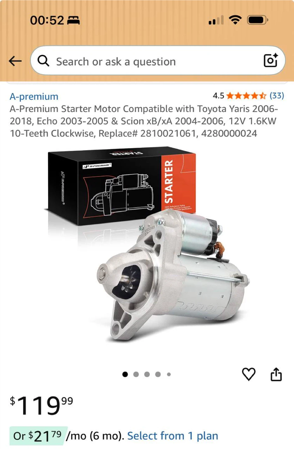 A-Premium Starter Motor for Toyota Yaris / Echo / Scion xA xB 2