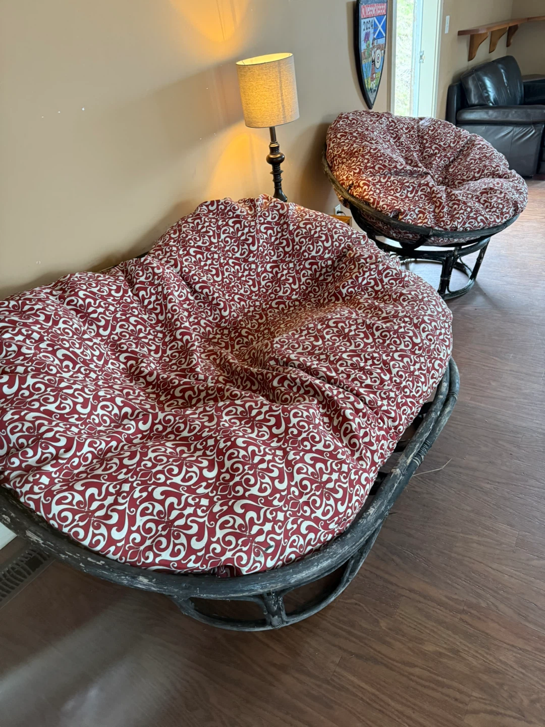 Papasan Chair with Red Swirl Cushion