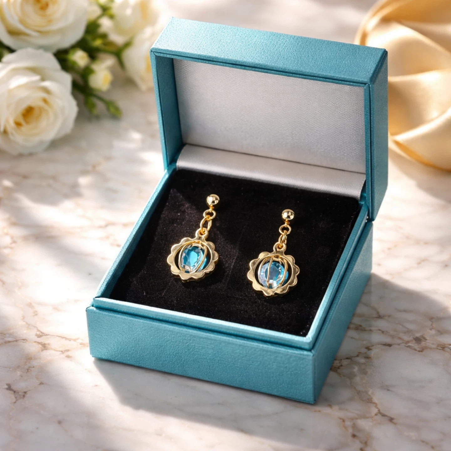 Gold Tone Flower Dangle Earrings with Blue Gemstones - photo 4