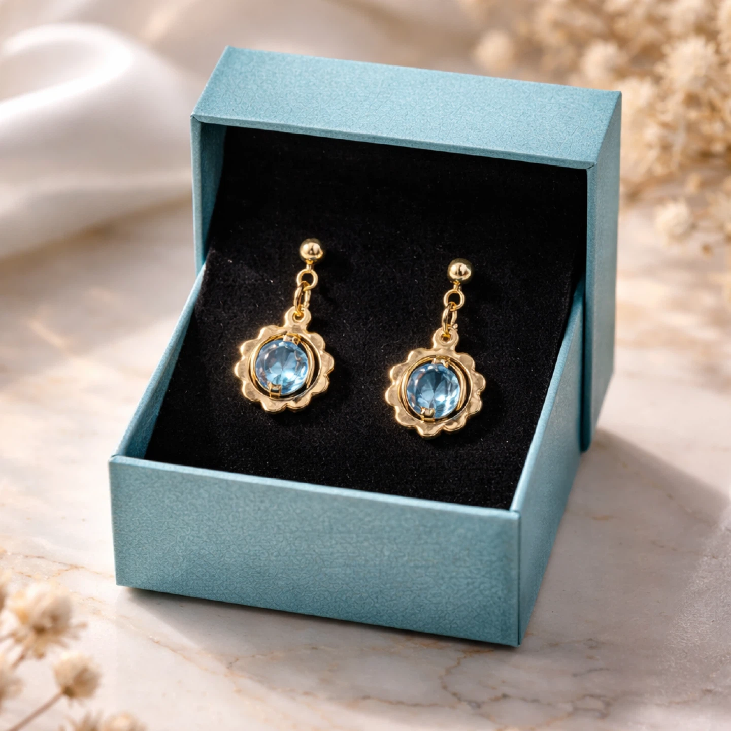 Gold Tone Flower Dangle Earrings with Blue Gemstones - photo 5