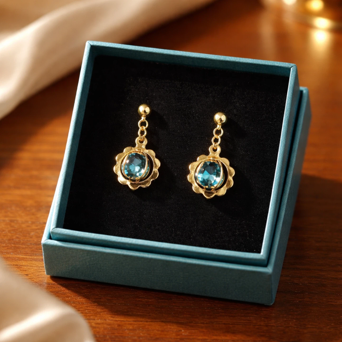 Gold Tone Flower Dangle Earrings with Blue Gemstones - photo 3