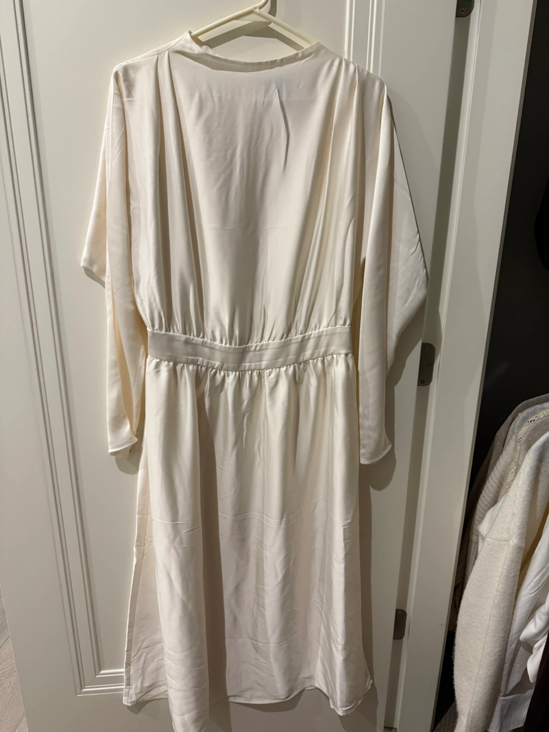 Cream Satin Long Sleeve Midi Dress