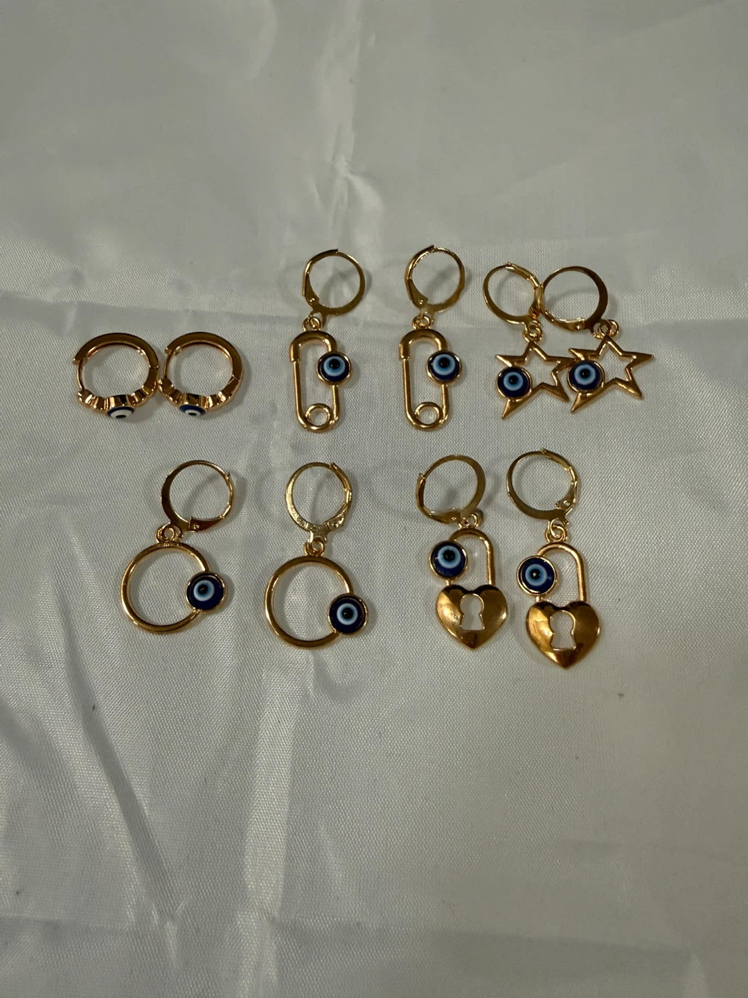 Set of 5 Gold Tone Evil Eye Charm Hoop Earrings