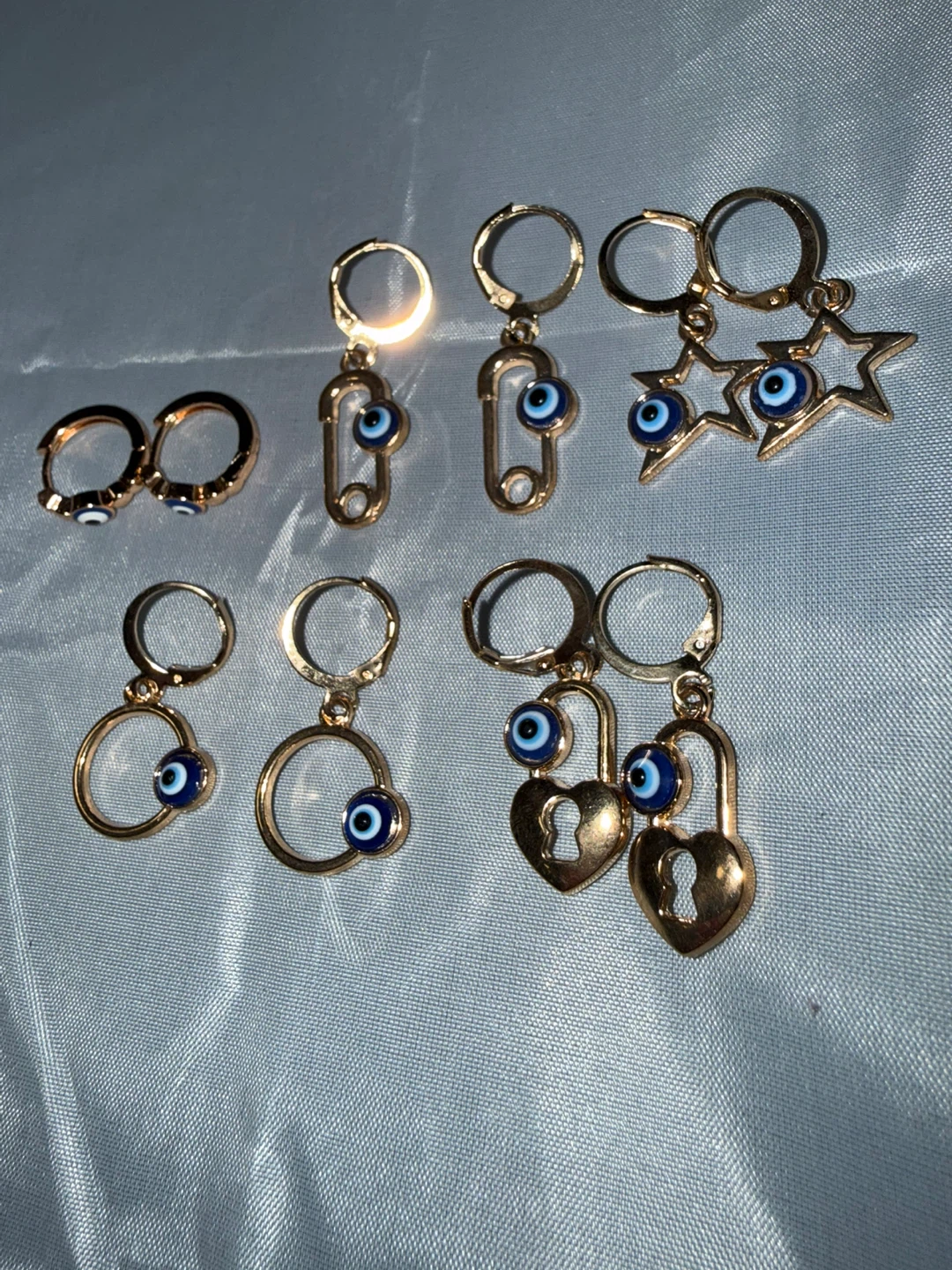Set of 5 Gold Tone Evil Eye Charm Hoop Earrings - photo 3