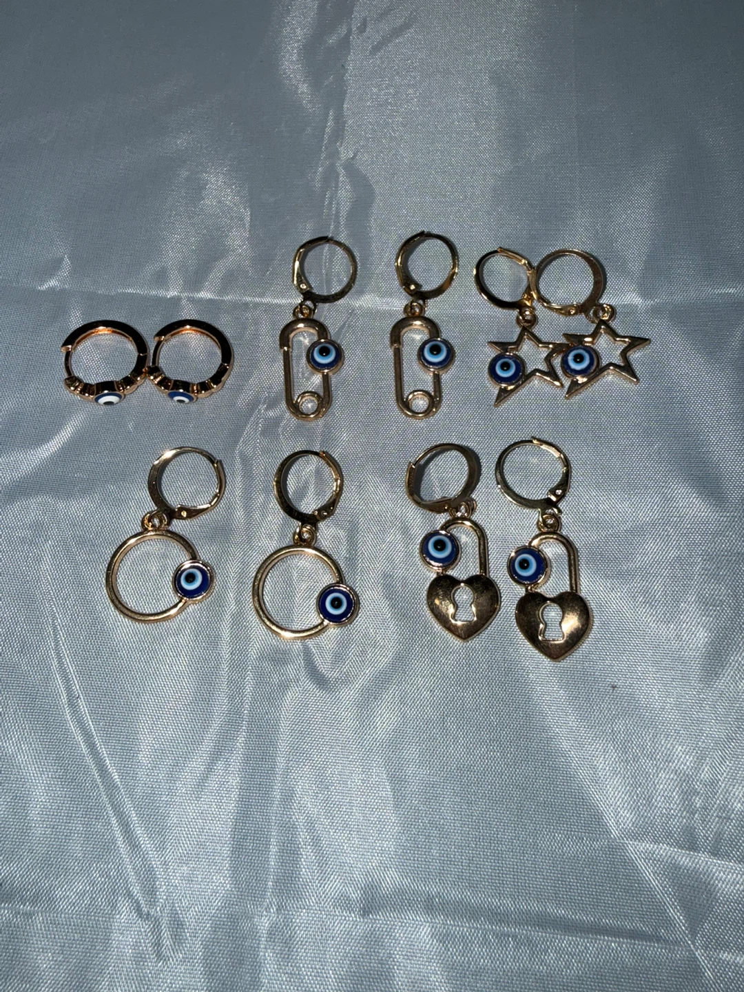 Set of 5 Gold Tone Evil Eye Charm Hoop Earrings - photo 2