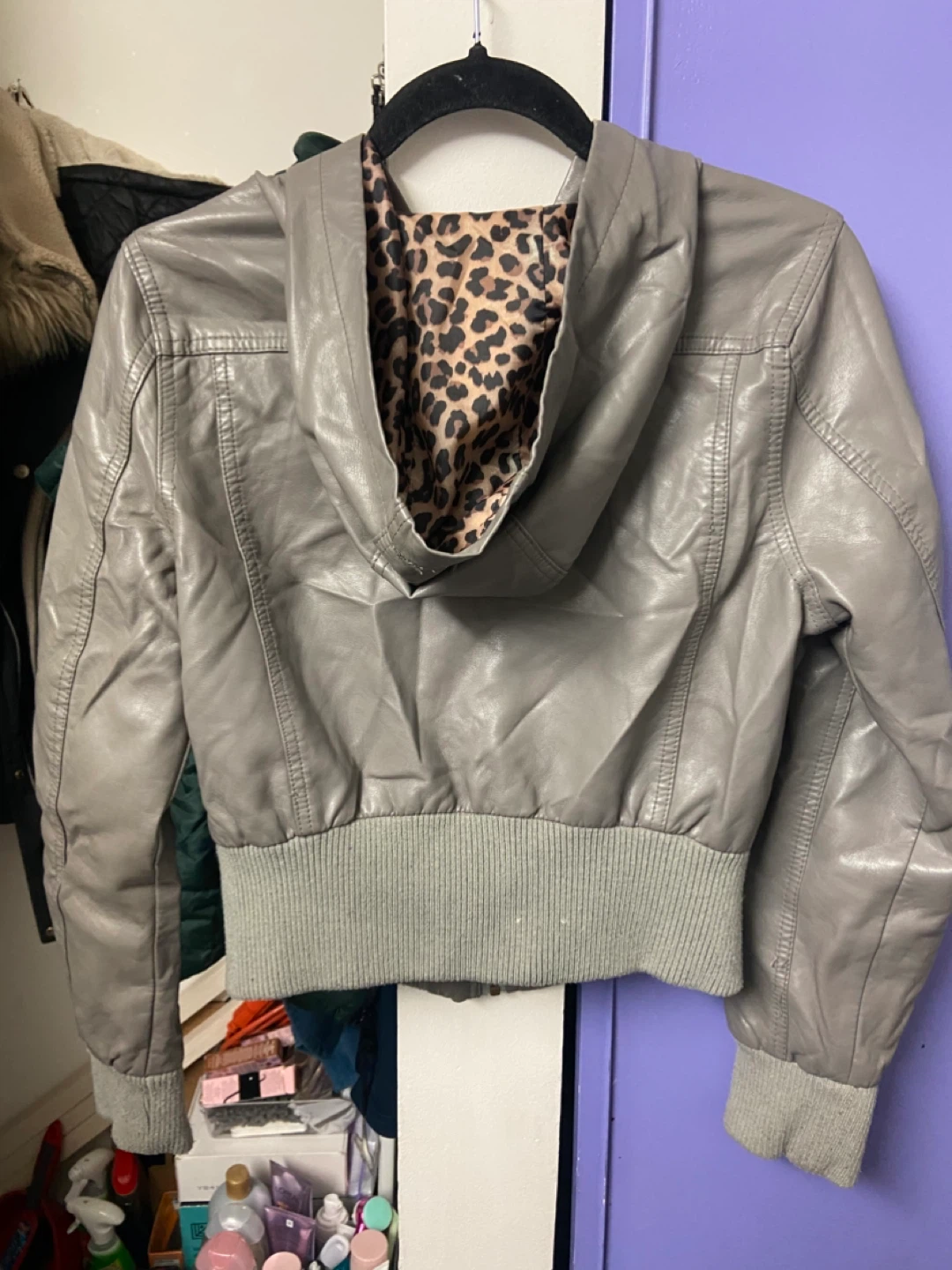 Grey Faux Leather Hooded Jacket with Leopard Print Lining - photo 2