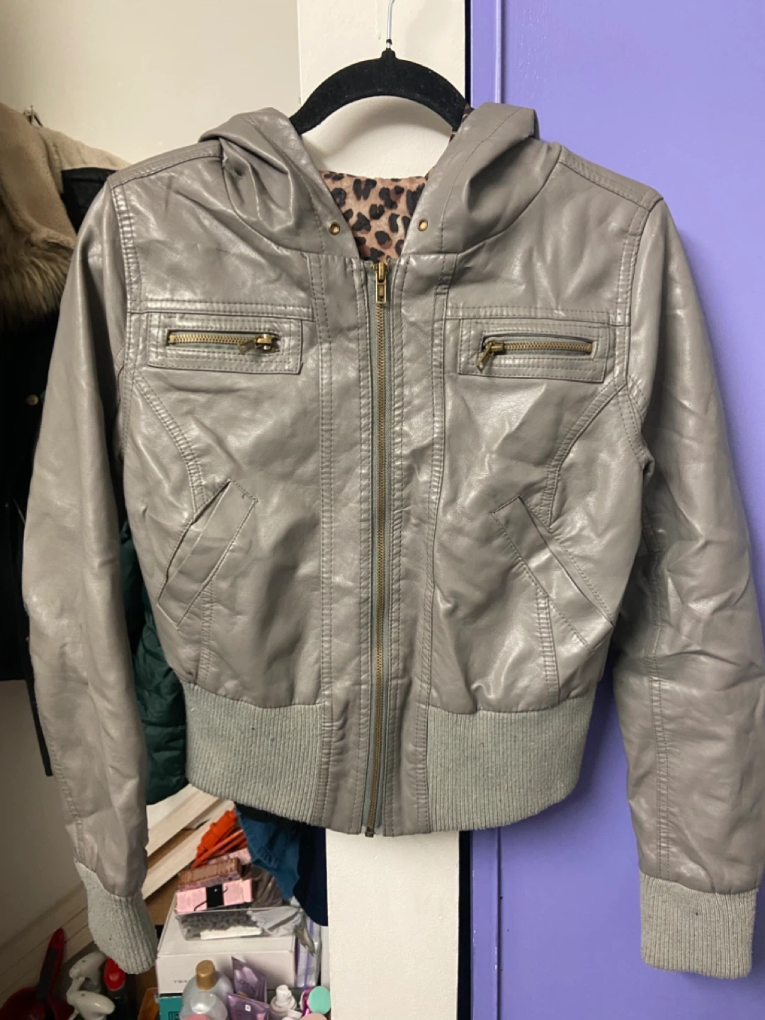 Grey Faux Leather Hooded Jacket with Leopard Print Lining