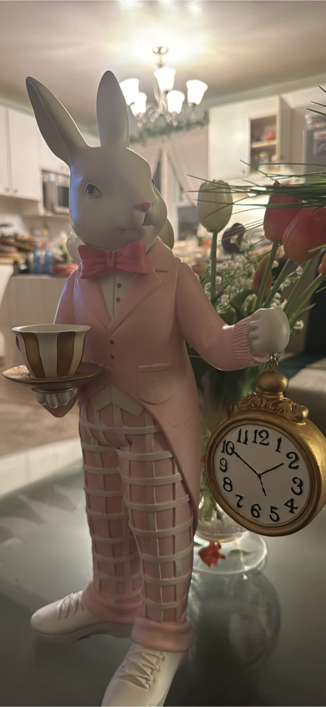 Alice in Wonderland Rabbit Figurine with Clock and Tea Cup - photo 3