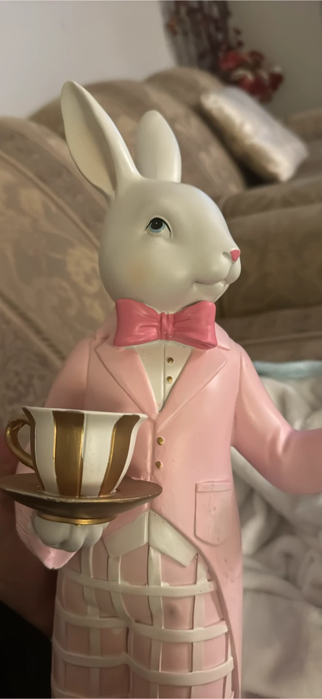 Alice in Wonderland Rabbit Figurine with Clock and Tea Cup - photo 2