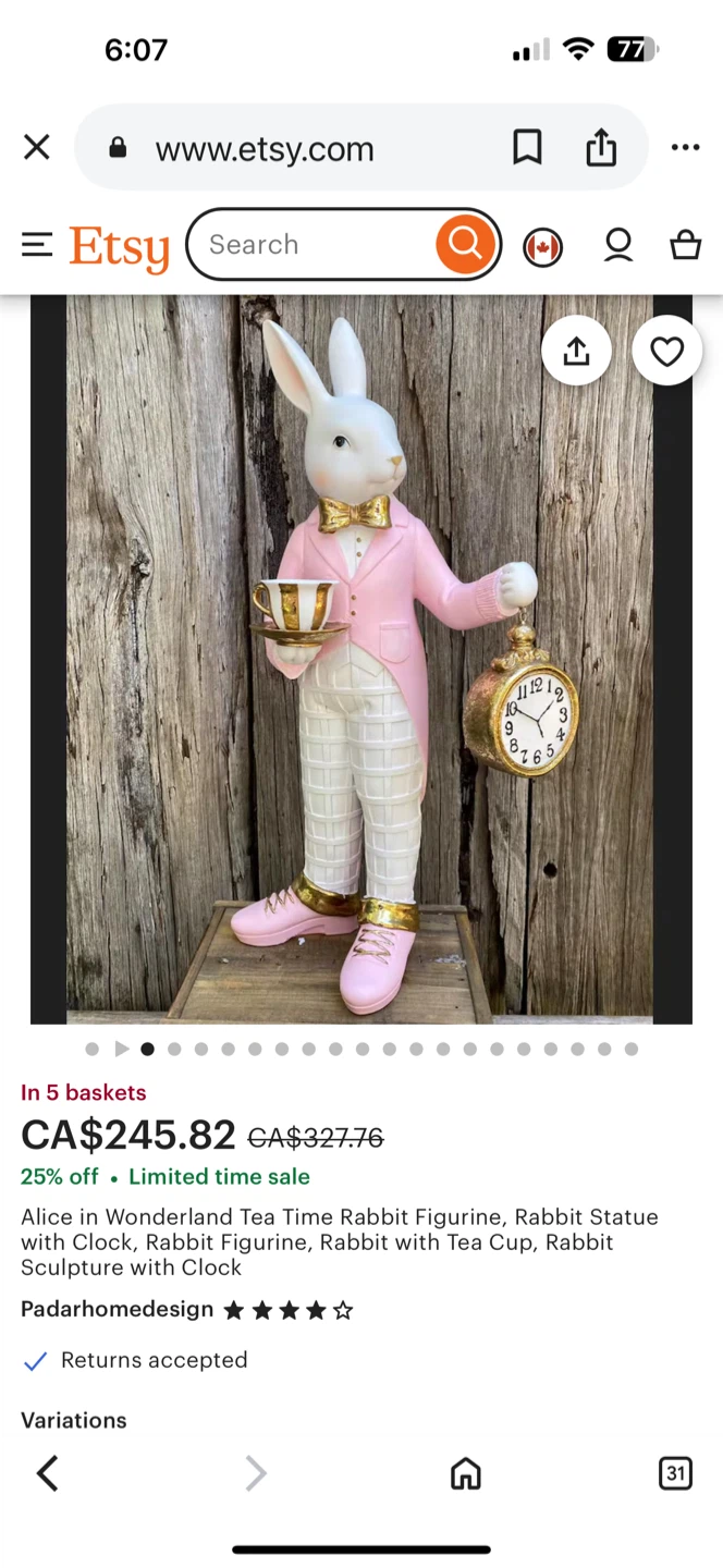 Alice in Wonderland Rabbit Figurine with Clock and Tea Cup - photo 5
