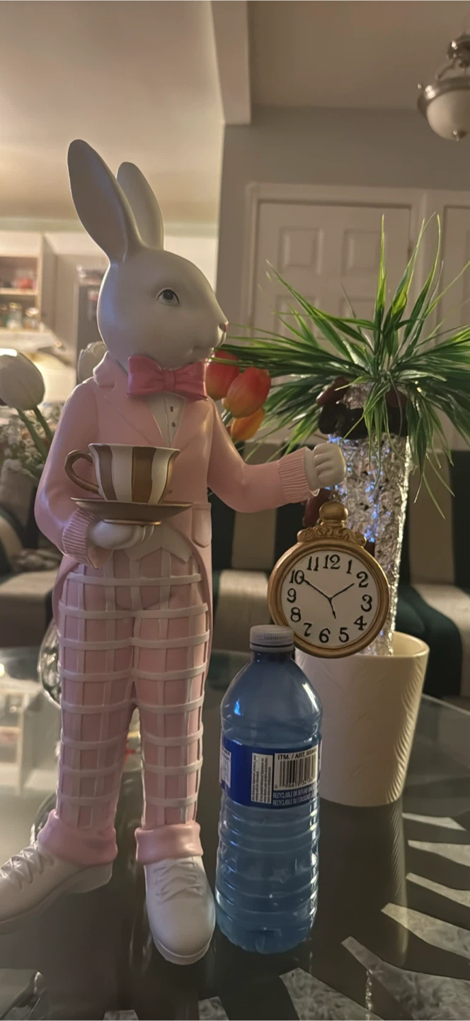Alice in Wonderland Rabbit Figurine with Clock and Tea Cup