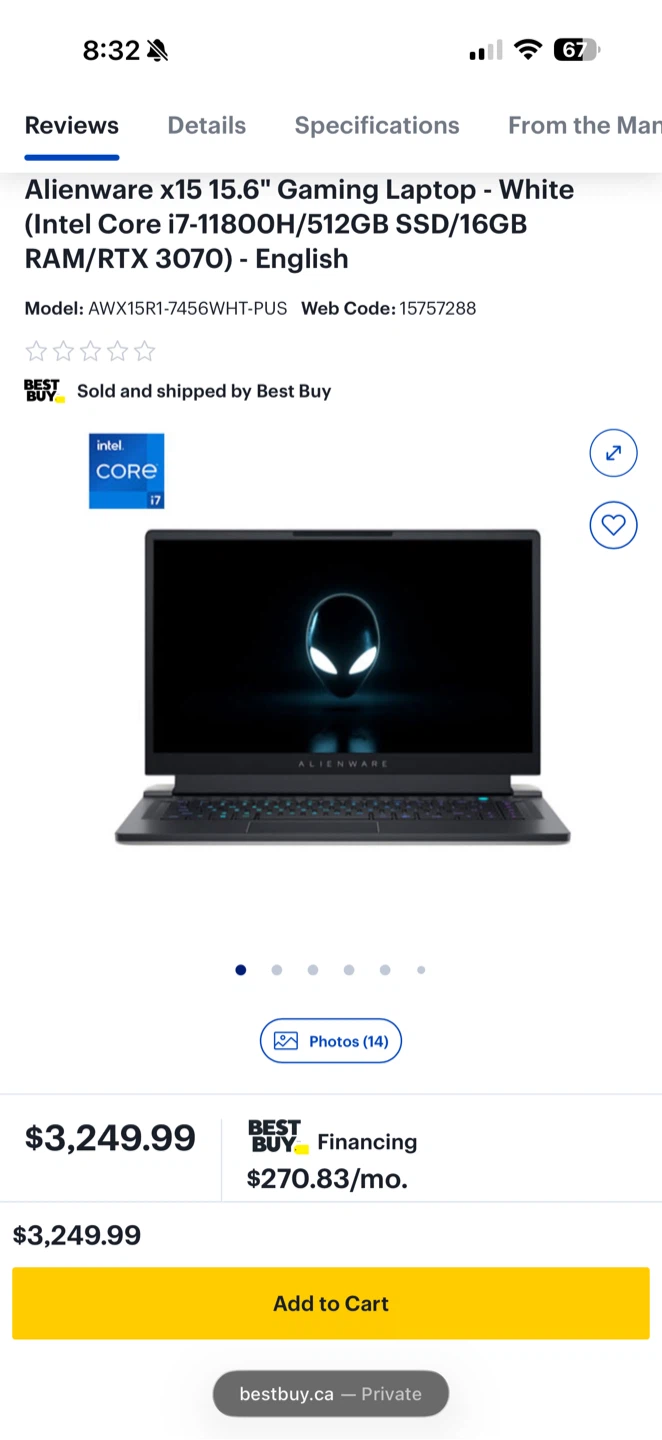 Alienware x15 15.6" Gaming Laptop - White