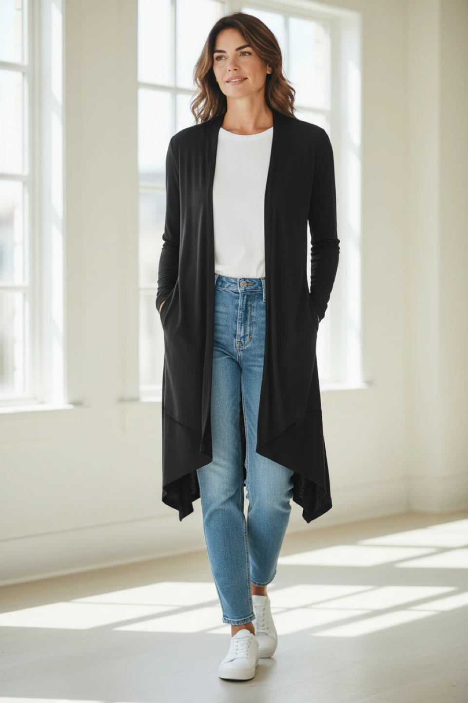 Long Black Open Front Cardigan