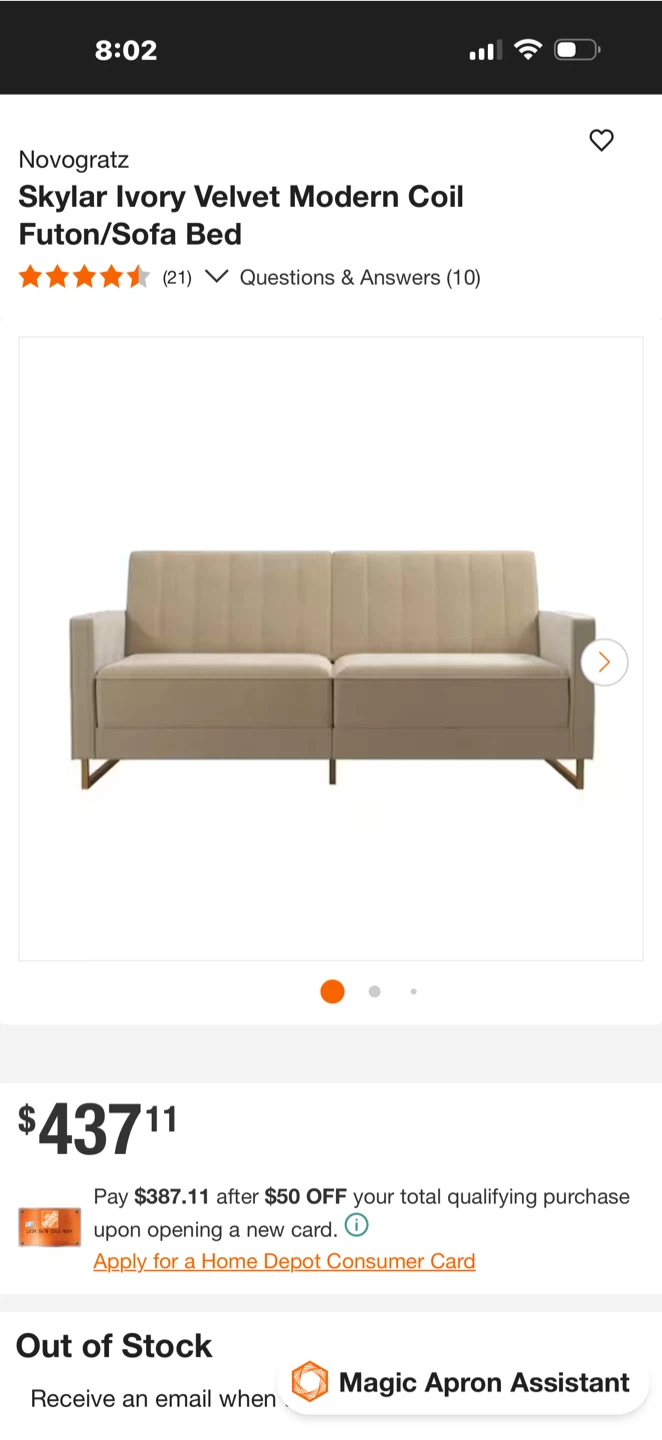 Novogratz Skylar Ivory Velvet Modern Futon/Sofa Bed - photo 5