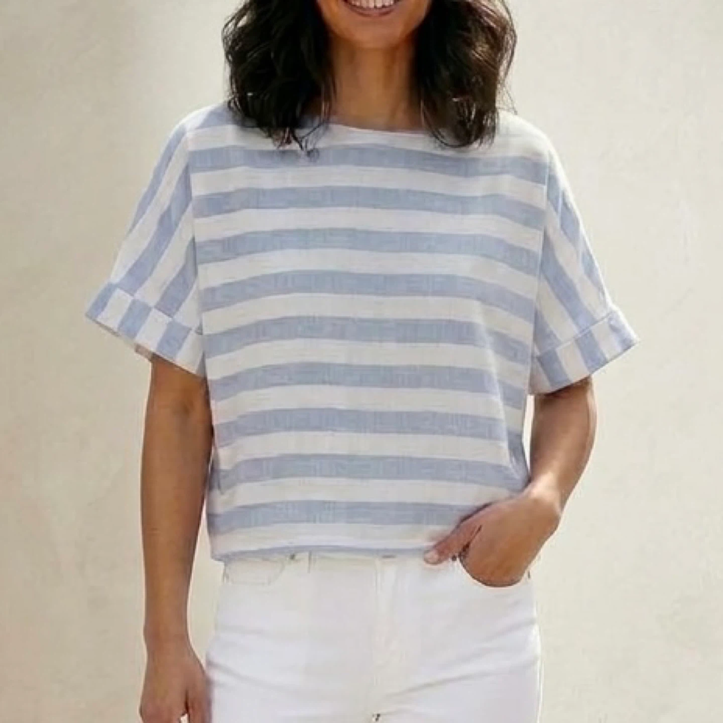 Zara Blue White Striped Linen Blend Short Sleeve Boxy Top Size L