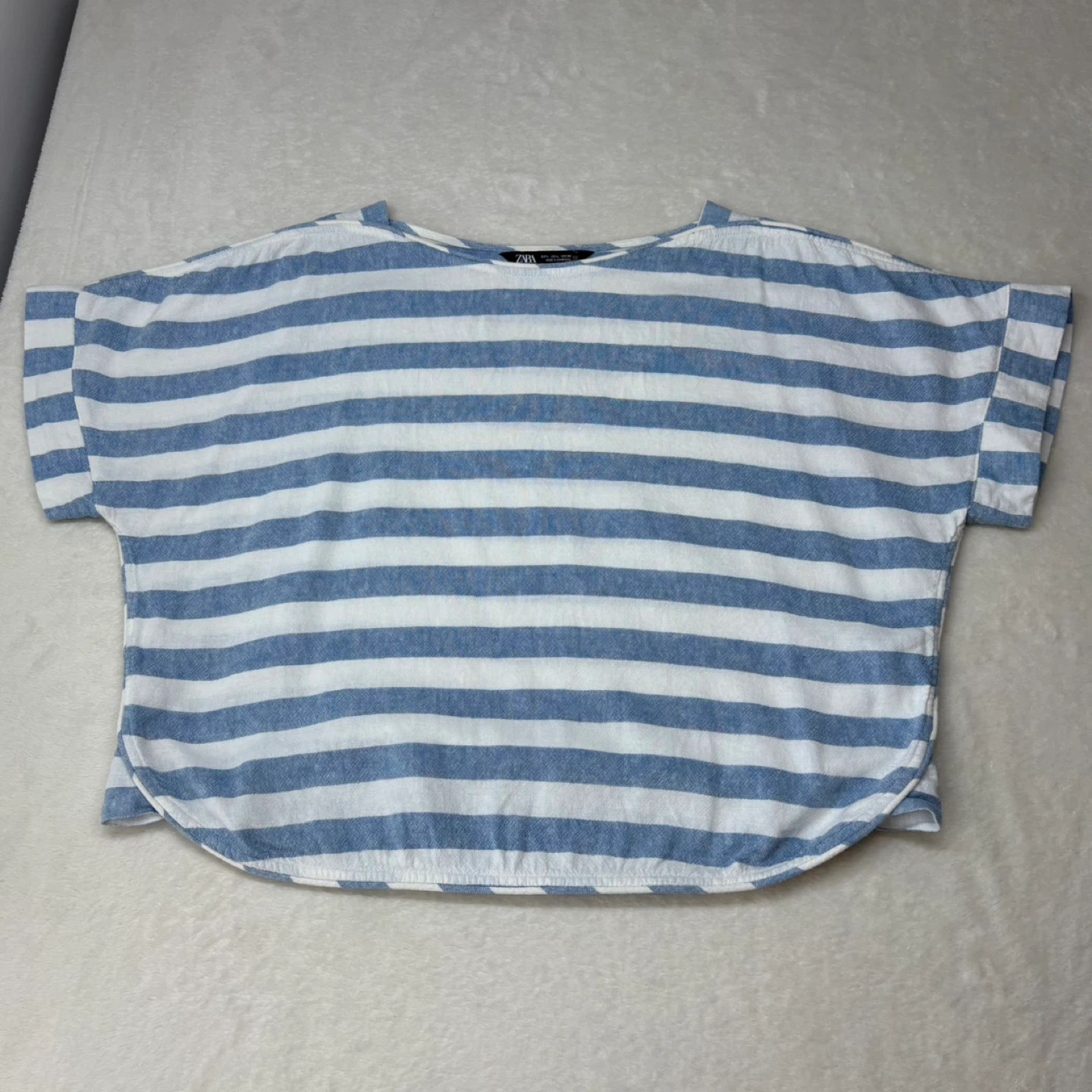 Zara Blue White Striped Linen Blend Short Sleeve Boxy Top Size L - photo 2
