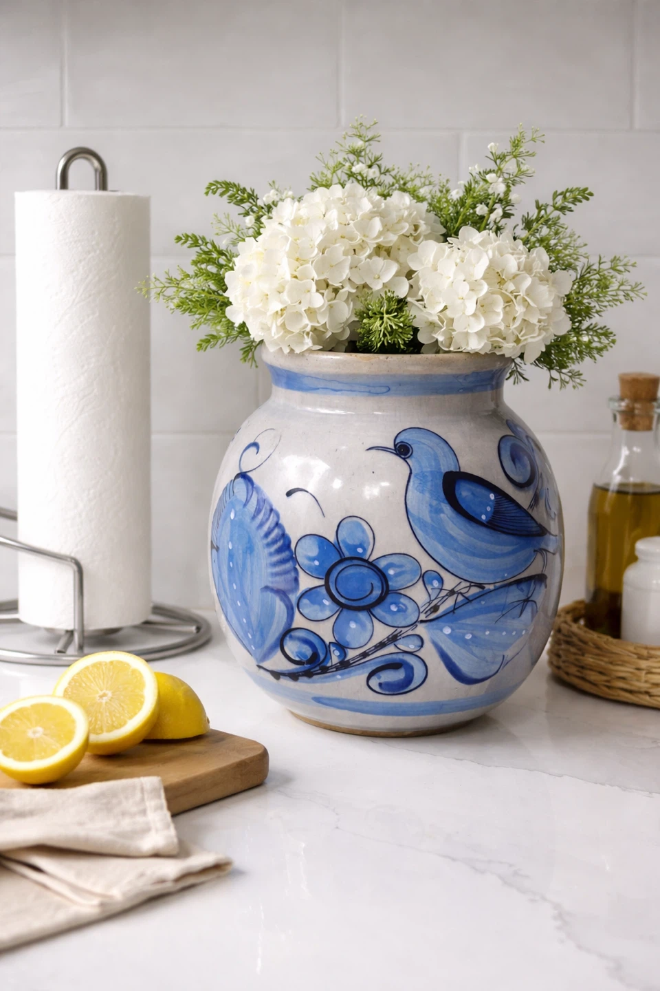 Hand Painted Vase w/ Blue Floral & Bird Design Signed by Artist