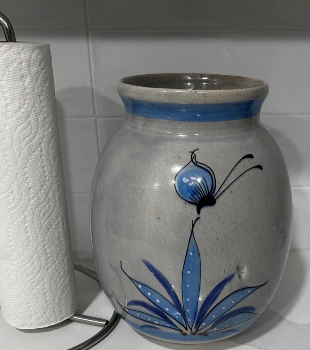 Hand Painted Vase w/ Blue Floral & Bird Design Signed by Artist - photo 3