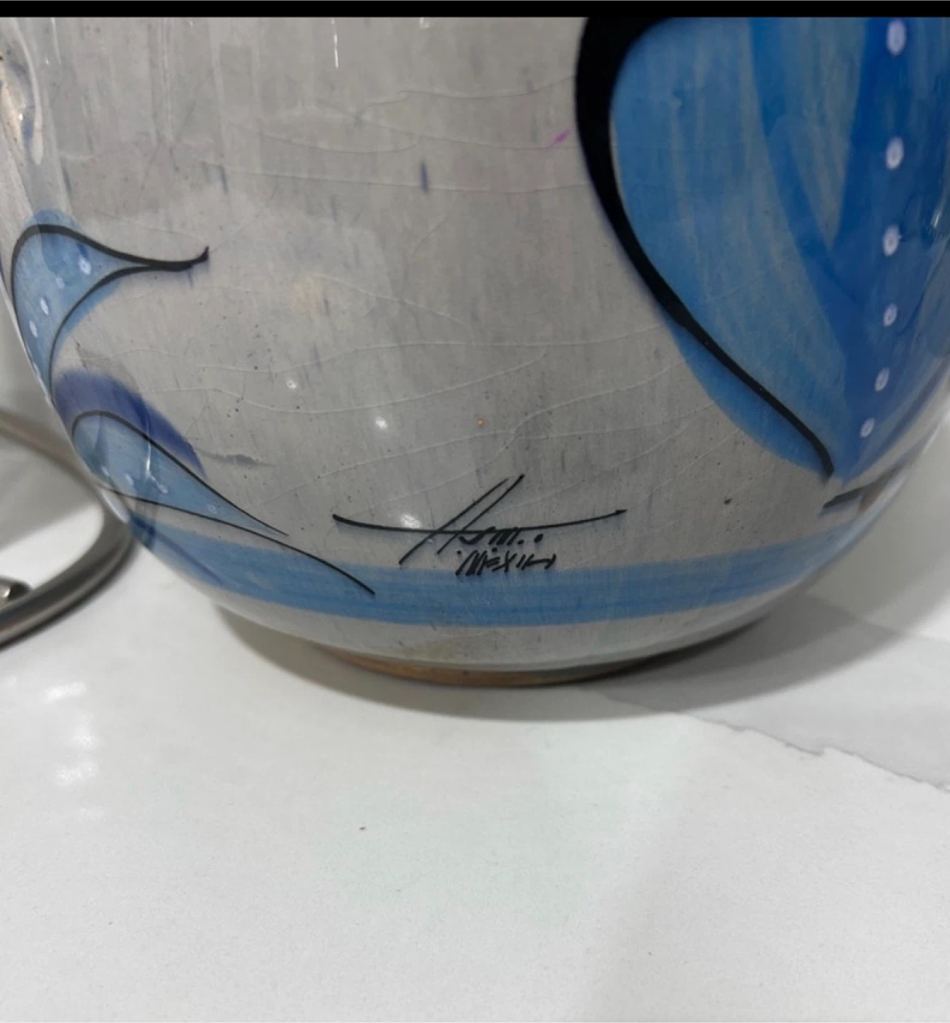 Hand Painted Vase w/ Blue Floral & Bird Design Signed by Artist - photo 2